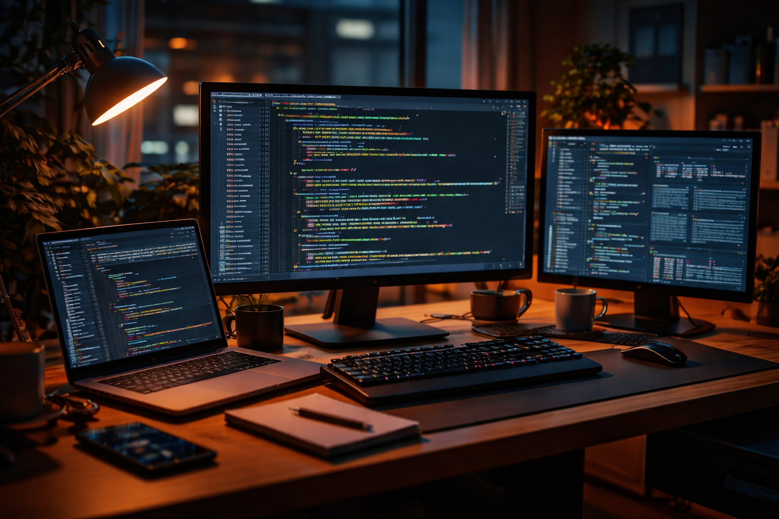 Developer workspace with code on screen